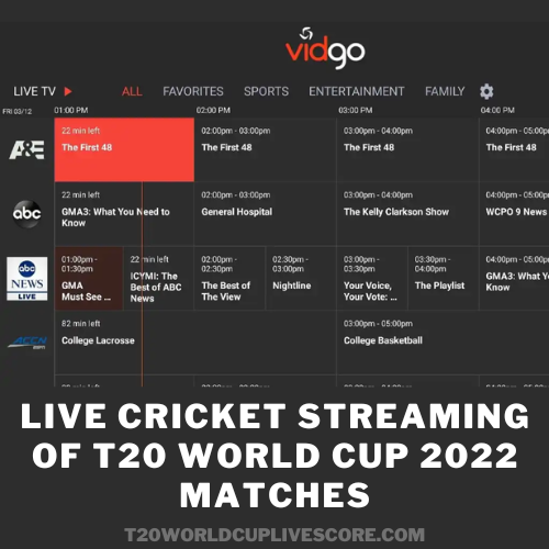 Vidgo Live Streaming of ICC Men's T20 World Cup 2022