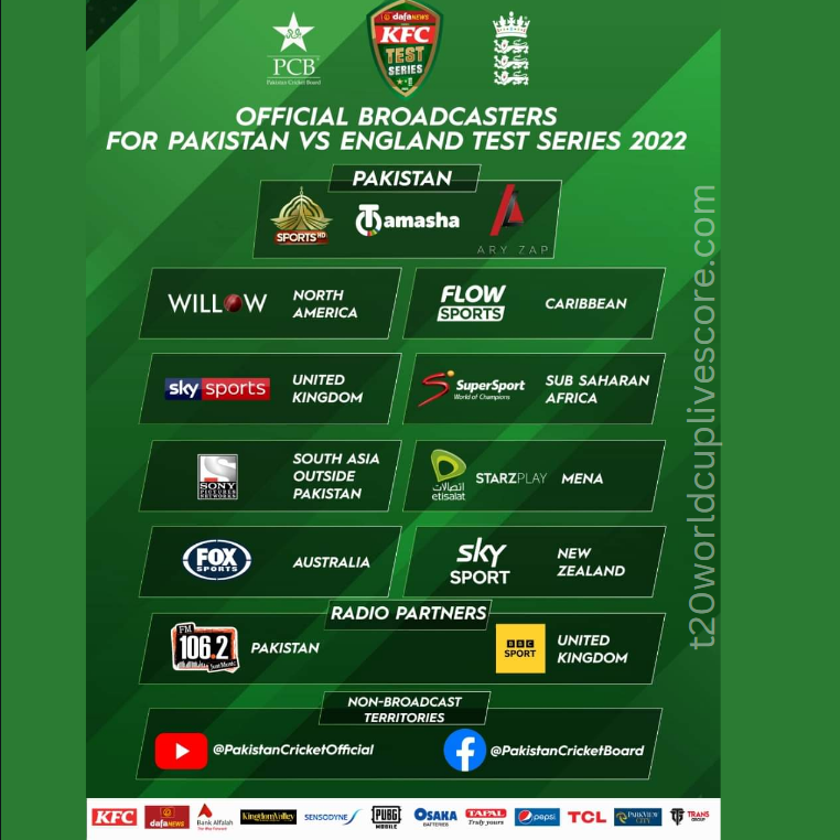 Official Broadcasters for Pakistan vs England Test Series 2022