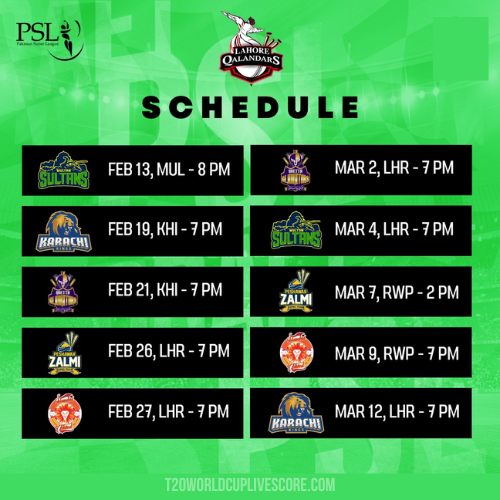 Lahore Qalandars Team Schedule for PSL 2023 Season 8